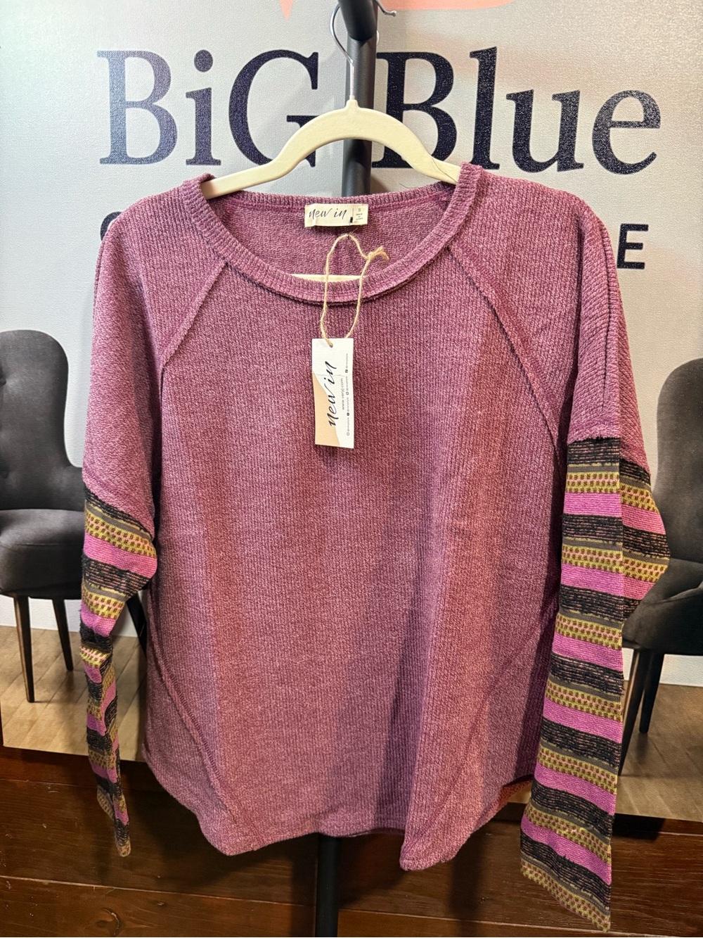 New Era Long Sleeve Tee in Mauve with Striped Accent Sleeves